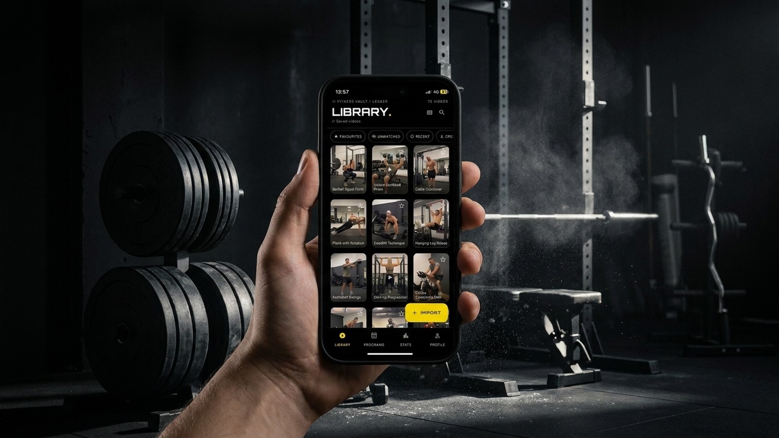 A hand holding a phone showing the Fitness Vault video library in a dark, industrial-style gym
